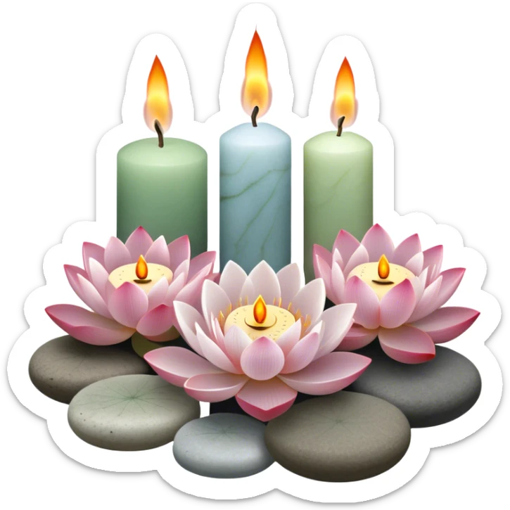 A photorealistic icon featuring lotus flowers, burning incense sticks with smoke rising, smooth round sea stones, and multiple small round candles arranged in a calming, tranquil setting. Soft, peaceful colors with detailed textures that evoke mindfulness and inner peace. Transparent background sticker