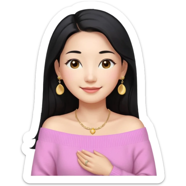 South Korean girl in her mid-thirties with long black hair and a middle part. She is wearing a baby pink, off the shoulder long sleeve knit sweater. She has small gold earrings and a gold necklace. She has brown eyes with narrow, mono lid shape and smiling with lips together sticker