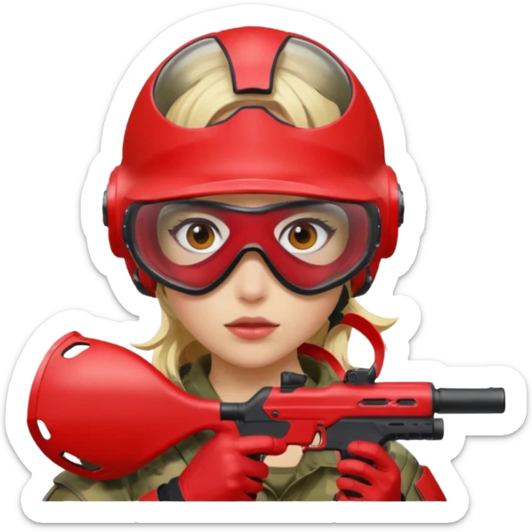 blond girl playing paintball with red paintball helmet with eye protection, only face sticker
