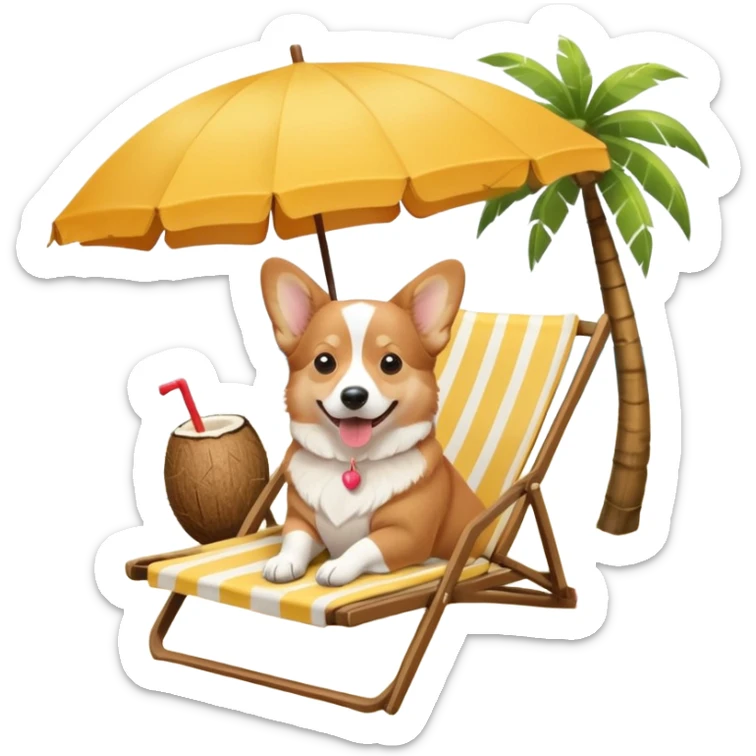 a corgi dog laied on a beach chair, a sunny beach, a sun umbrella, and beach coconut trees. the icon should capture the essence of a relaxing beach vacation with a carefree atmosphere sticker