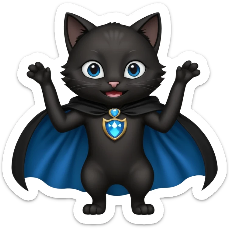 an all black anthropomorphic cat with blue eyes wears an all black cape and is smiling a mischievous sharp tooth grin sticker