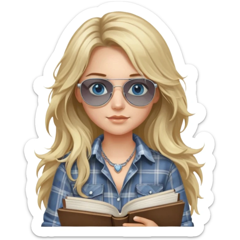 girl with long blond messy hair wearing grey plaid shirt with blue eyes and aviator sunglasses wearing a ring on her silver necklace, holding law books sticker