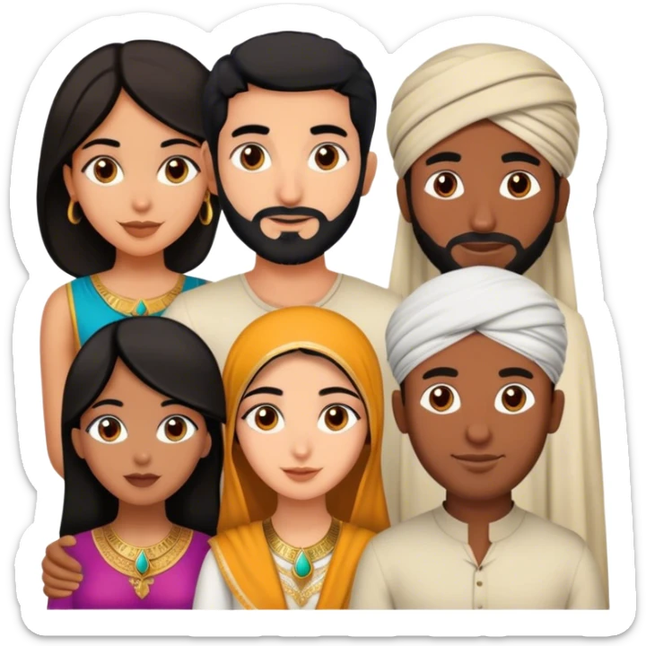 one Persian girl, one Indian girl, one Moroccan man, one black man, one Egyptian man sticker