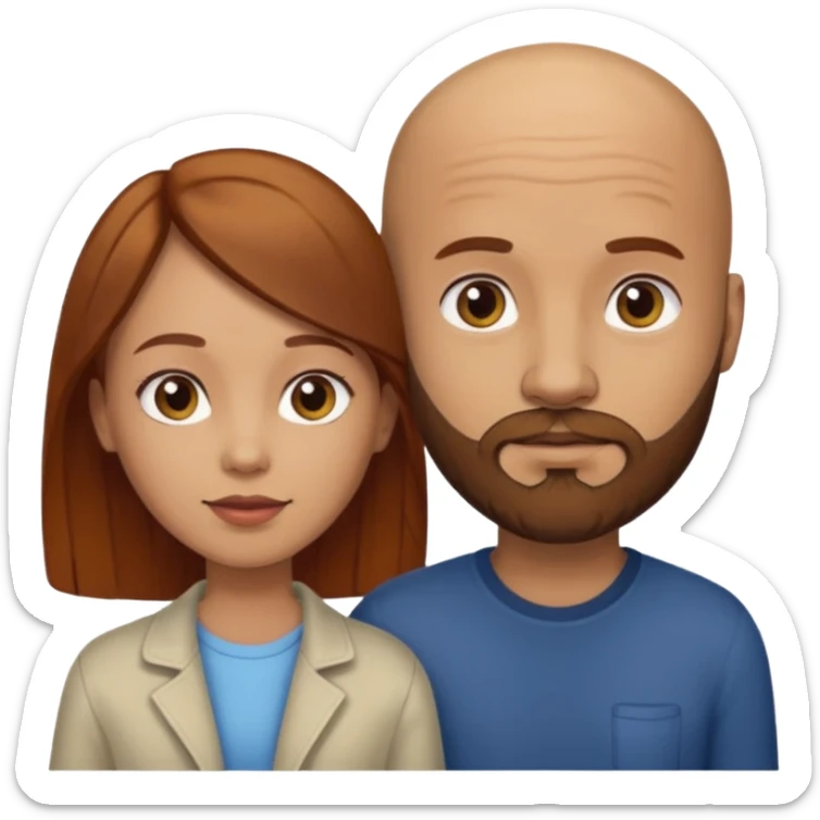 Couple. A bald man with brown beard and a girl with light skin dark yellowish brown auburn hair. sticker