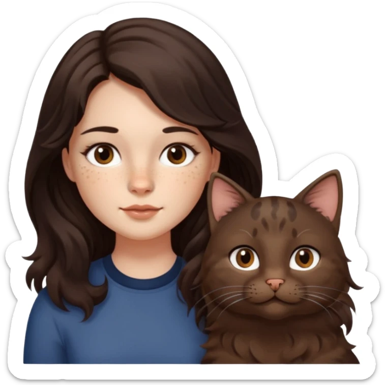 Uzun koyu kahverengi dalgalı saçlı, çenesinde beni olan ve yüzünde biraz çiller olan, iri koyu kahverengi bol kirpikli gözlü sevimli bir yüzü katlı kesim bir saçı olan kadın yap yanına da kilolu tamamen kahverengi bir kedi yap sticker