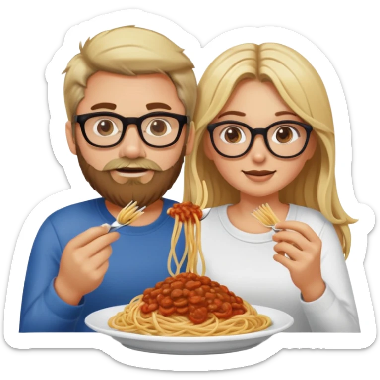 Blonde Caucasian girl without glasses, eating spaghetti with Caucasian man with brown hair and beard wearing glasses sticker