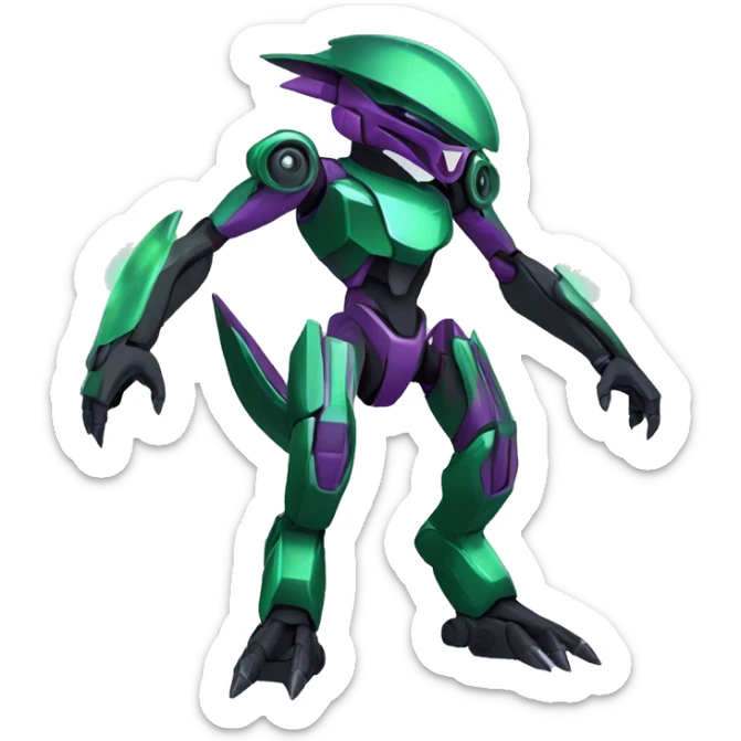 a shiny black-green-purple Genesect-Raptor-Fakémon-Medabot-hybrid with a futuristic visor-helmet full body sticker