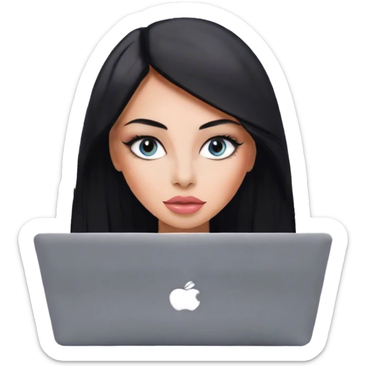 Glamours, tanned, very beautiful girl, with big pump peach-beige-rose lips, eyeliner, long long lashes, black straight smooth silky long hair, straight parting hair, blue-grey eyes with macbook sticker