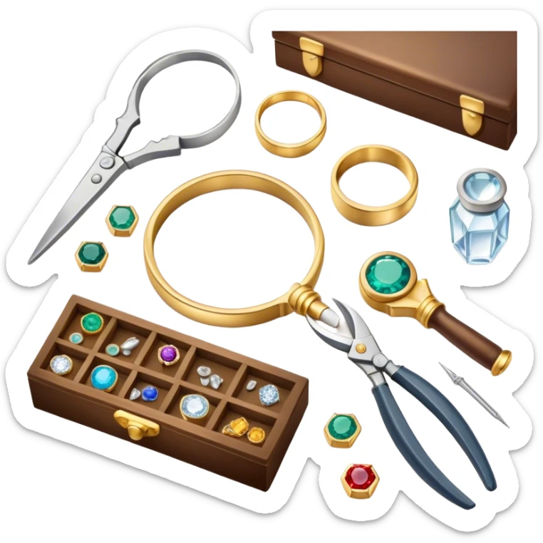 Create an icon that represents the art of jewelry making. The design should include a jeweler's workbench, tools like pliers, a magnifying glass, and various precious materials such as gemstones, gold, and silver. Feature a partially crafted piece of jewelry, like a ring or necklace, showcasing intricate details and craftsmanship. The composition should evoke elegance and precision, reflecting the skill and artistry of jewelry making. The background should be transparent. sticker