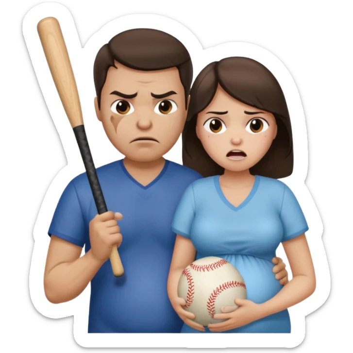 A angry brunette man holding a baseball bat towards a brunette pregnant woman who is crying sticker