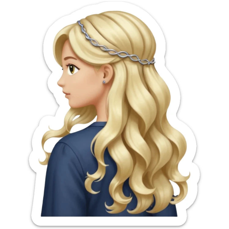 a girl facing backwards so that her hair is showing, long hair that is wavy. she has her hair in a style of half-up-half-down with a small claw-clip securing the hair of the head where the hair strands meet. hair is a platinum blonde color and dark blonde highlights.  sticker
