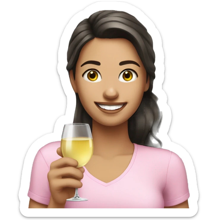 white girl with dark hair a glass of white wine wearing a pink shirt and smiling  sticker