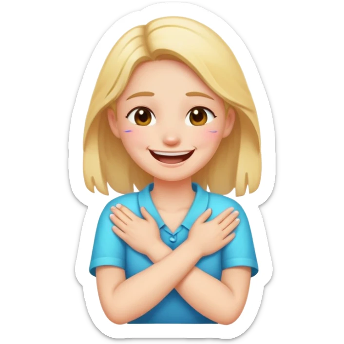 a girl holding her neck at front with crossed hand and laughing with tears  sticker