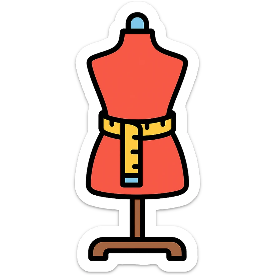 a fashion mannequin with measuring tape, representing a fashion designer, colorful lineal icon with black outlines sticker