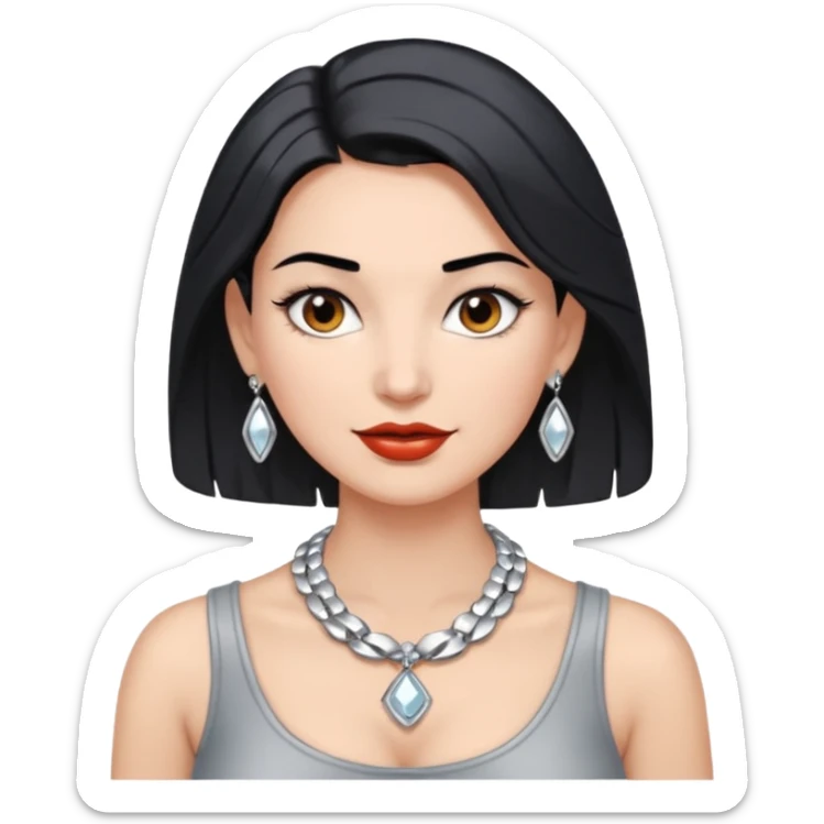 Female with very big Silver Necklace, grey skin,Black hair, more bright silver,highlight necklace, different expressions. sticker