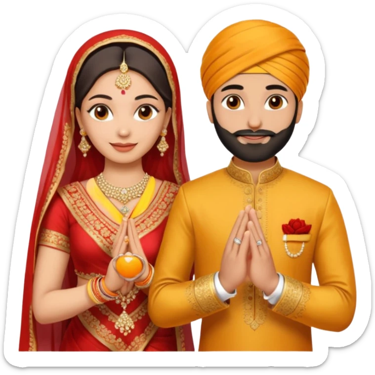 Two hands in a engagement..One hand of groom and one hand of bride. Bride hand - red/yellow saree. groom- light orange punjabi (oonly hands will be visible in the image). Groom's hand is holding a ring.*only the image of hand should be visible* sticker