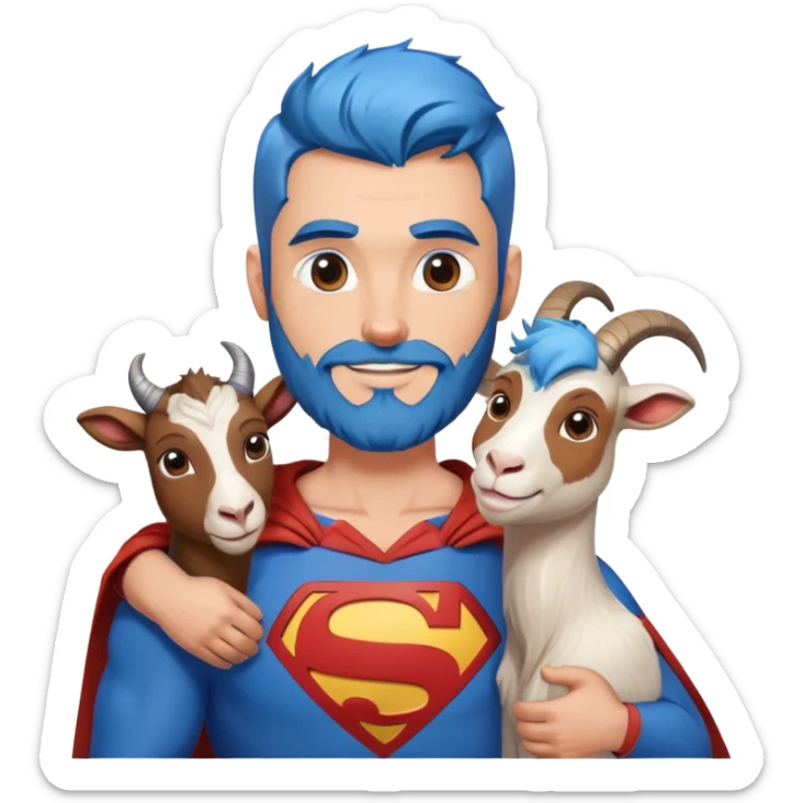 Adult Superman with redish brownish full beard with his arm around a blue hair happy goat sticker