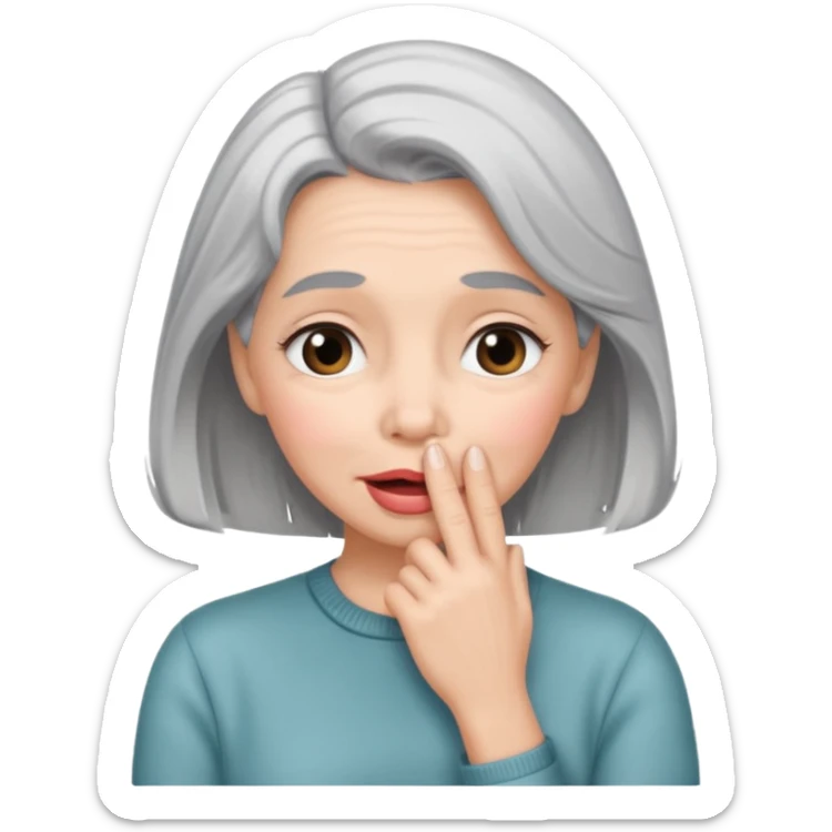shy 1950s woman with grey hair, blushing, hand over mouth sticker