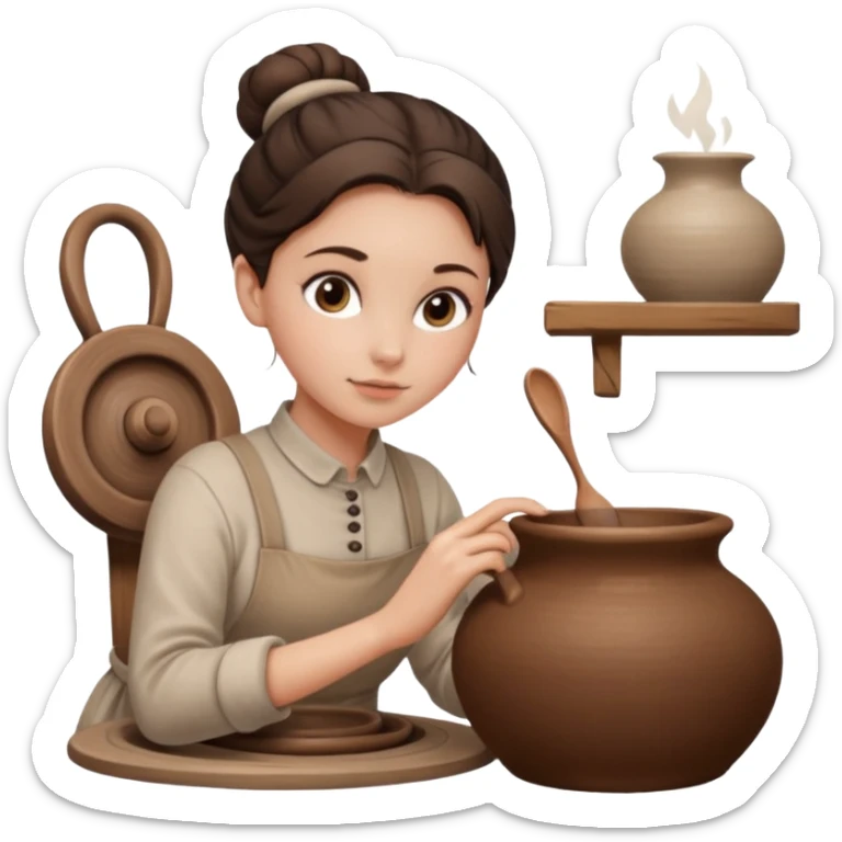 Brunette girl with a bun, behind the potter's wheel, wearing neutral clothing sticker