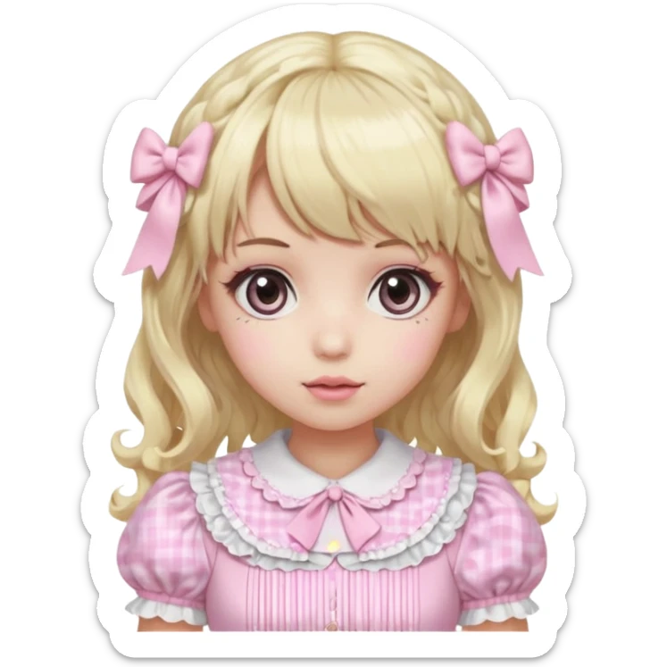 pale girl with curly medium length blonde and baby pink swirled hair with bangs, grey eyes, doll-like makeup, wearing a light pink lolita hime gyaru dress, emoji style sticker