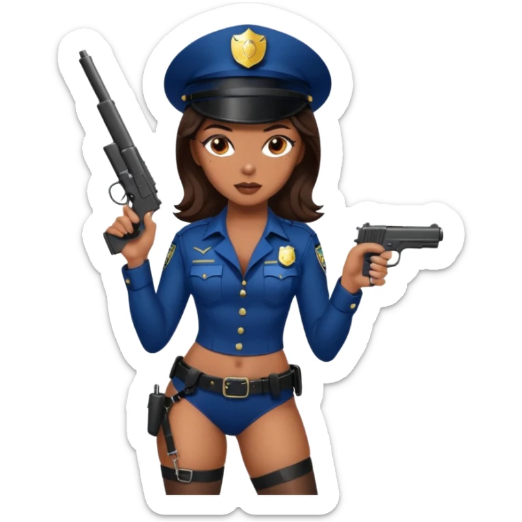 A sexy girl. with caramel skin. Dark brown hair and brown eyes. She has freckles. Wearing sexy makeup. Dressed as a sexy cop. wearing lingerie. Wearing heels. Holding a gun sticker