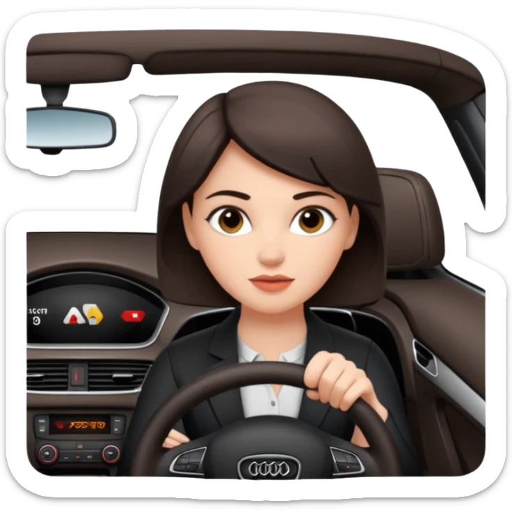 Pretty, sexy, slightly curvy white woman with short dark brown hair, driving an Audi sticker