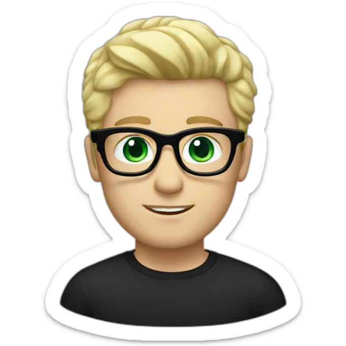 blonde hair white male wearing black shirt with bold blue glasses green eyes and blonde hair sticker