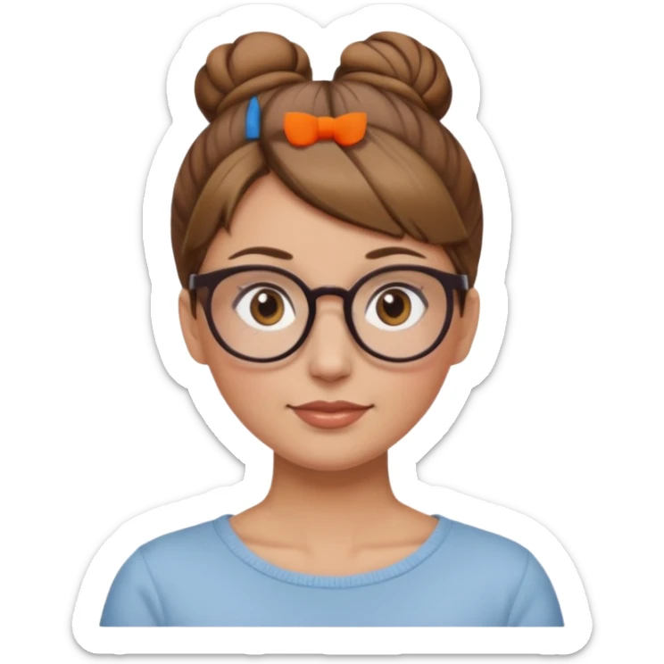 femme de 38 ans avec des cheveux châtain clair, un chignon haut, yeux bruns, lunettes rondes sticker