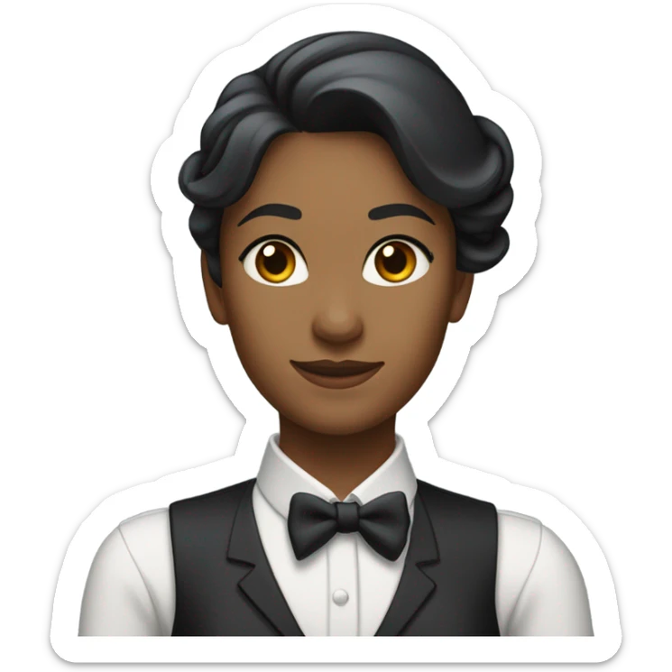 a female butler with a professional and elegant demeanor. She has her hair neatly tied in a ponytail and wears a classic butler uniform, including a tailored vest, crisp white shirt, and bow tie. sticker