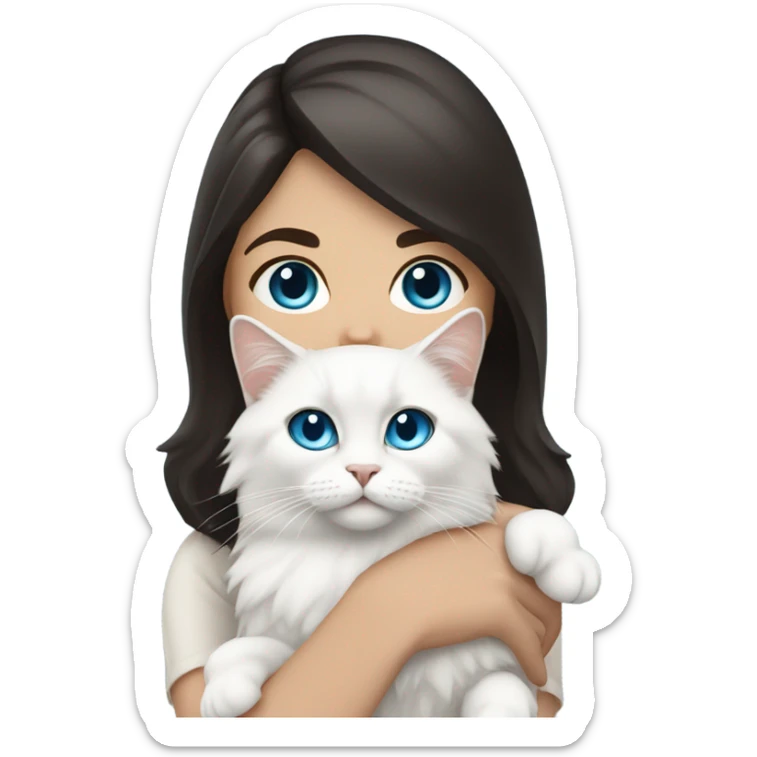 woman with dark hair and holding a all white Siberian cat with blue eyes sticker