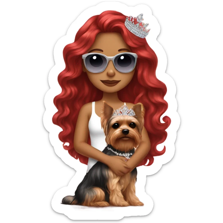 Latina girl red long wavy hair holding her Yorkie with her tiara and sunglasses  sticker