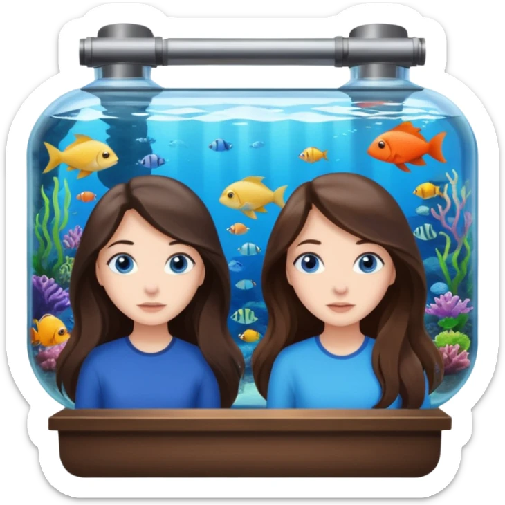 two brunette girls long hair blue eyes looking into a massive aquarium sea life viewing sticker