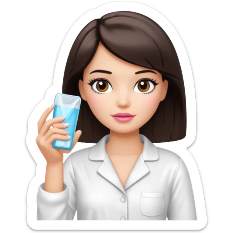 Barbie girl with makeup, bob haircut, short dark brown hair in white pajamas, face gel in hand sticker