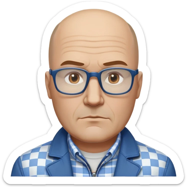 50-year-old heavyset man with very wide face and prominent square jawline. Little to no hair on the sides with some hair on top, balding pattern. Large dark square glasses. Serious-relaxed expression. Light gray jacket that fits his larger frame, white shirt with blue checkered pattern. sticker