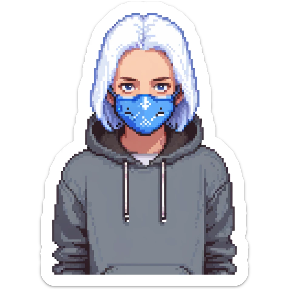 teen in hoodie, blue mask, white hair, simple background sticker
