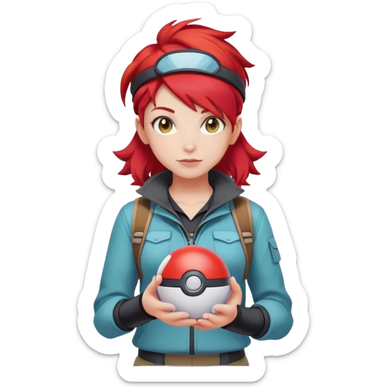 female pokemon trainer with bright red hair, pokeball, adventure outfit sticker