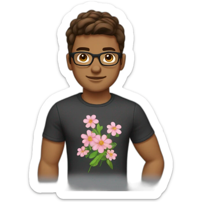 brown hair boxer hairstyle guy wearing glasses and dark t-shirt with flowers print sticker