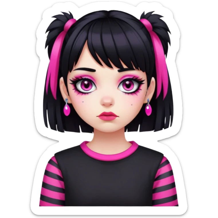 Create an emoji-style girl in the emo subculture. She has black hair with a bright pink fringe, heavy eyeliner around her eyes, and accessories typical for emo fashion — such as striped sleeves, piercings, black clothing, and a melancholic or dramatic expression sticker