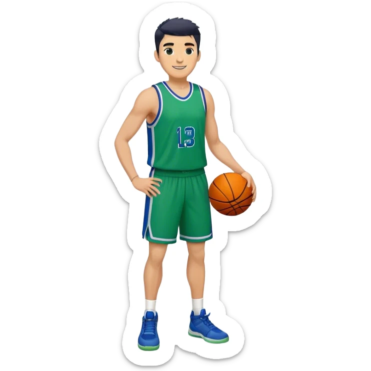 Full Body heavy tall white male with dark short spike hair basketball player wearing blue green uniform smiling sticker