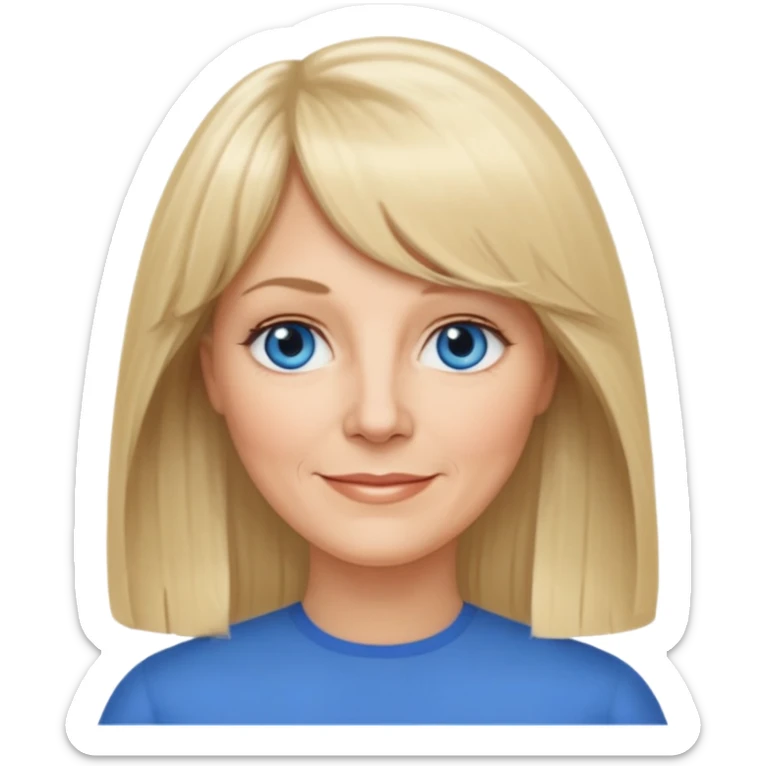 50 yr old white woman, curtain bangs, long straight blond hair, oval face, small smile, blue eyes sticker