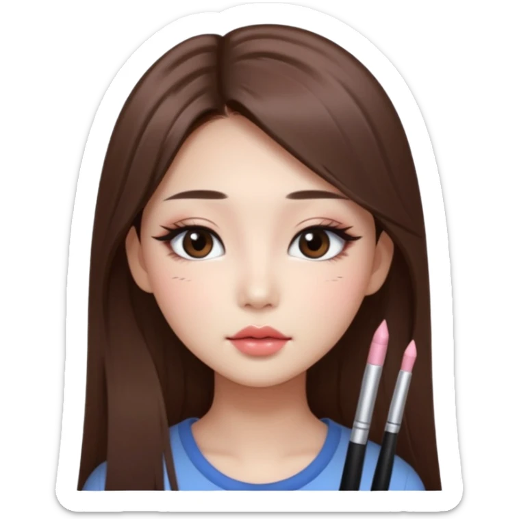 “korean straight long brown hair Emoji girl, soft eyeliner and blush, gradient lips, light brown shimmer eyeshadow sticker
