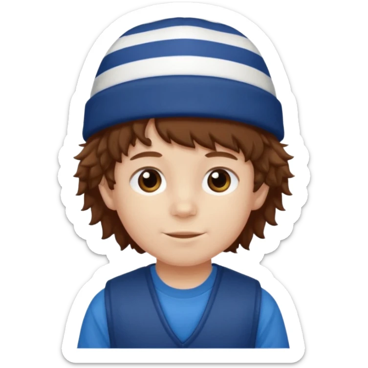 brown fluffy hair kid with blue and white hat dark blue jilet red t shirt sticker