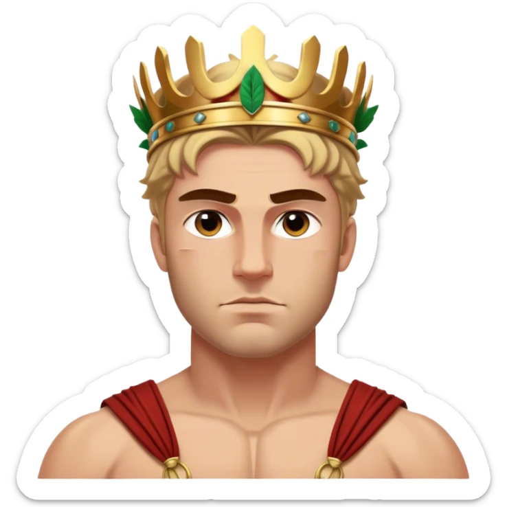 Cinematic Realistic Hercules Portrait, depicted with lifelike, sun-kissed skin and a robust, muscular physique that radiates both power and gentle nobility. His intense, kind eyes and regal expression are complemented by classical Greek attire and a laurel crown, rendered under dynamic lighting that highlights every chiseled detail. sticker