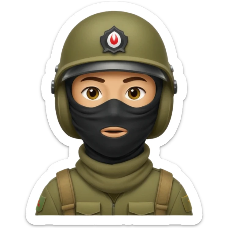 
an Iraqi soldier with a serious face, wearing a helmet and a balaclava covering his mouth sticker
