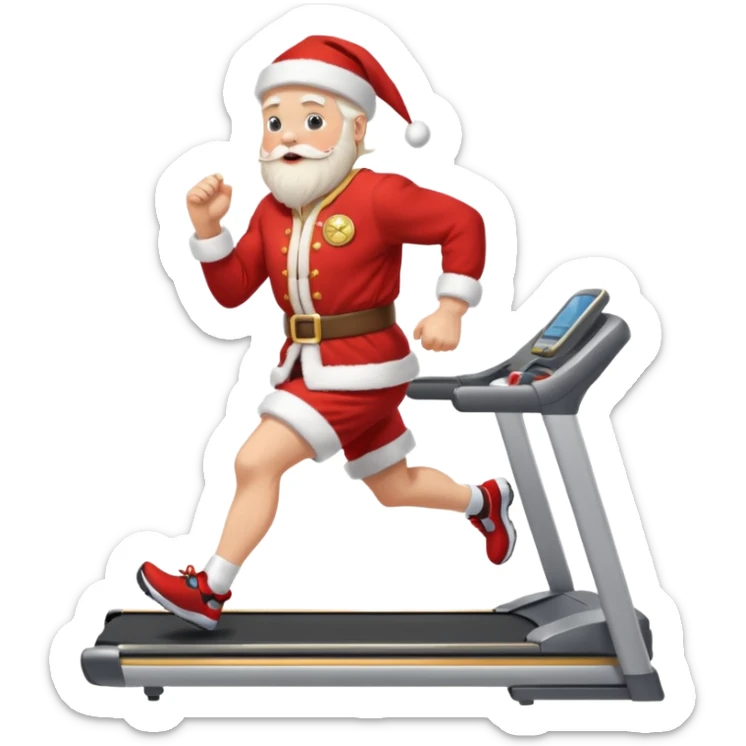 A Norwegian Santa running on a treadmill, wearing a gold medal round his neck sticker