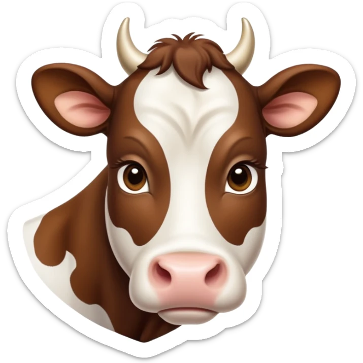 cinematic-noble-brown-and-white-cow calf-portrait-emoji,-poised-and-regal,-with-a-large,-sturdy-build-and-a-beautifully-patterned-hide-of-rich-brown-accented-by-crisp-white-patches,-deep-set-soulful-brown-eyes,-simplified-yet-sharp-and-sophisticated sticker