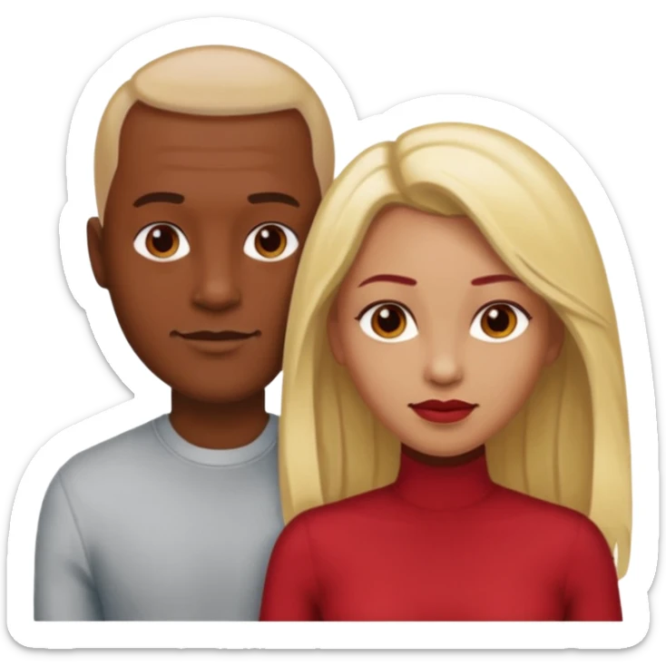 one male medium dark skin tone no hair and one woman light skin tone blonde highlights shoulder length hair and one woman light skin tone deep red long hair sticker