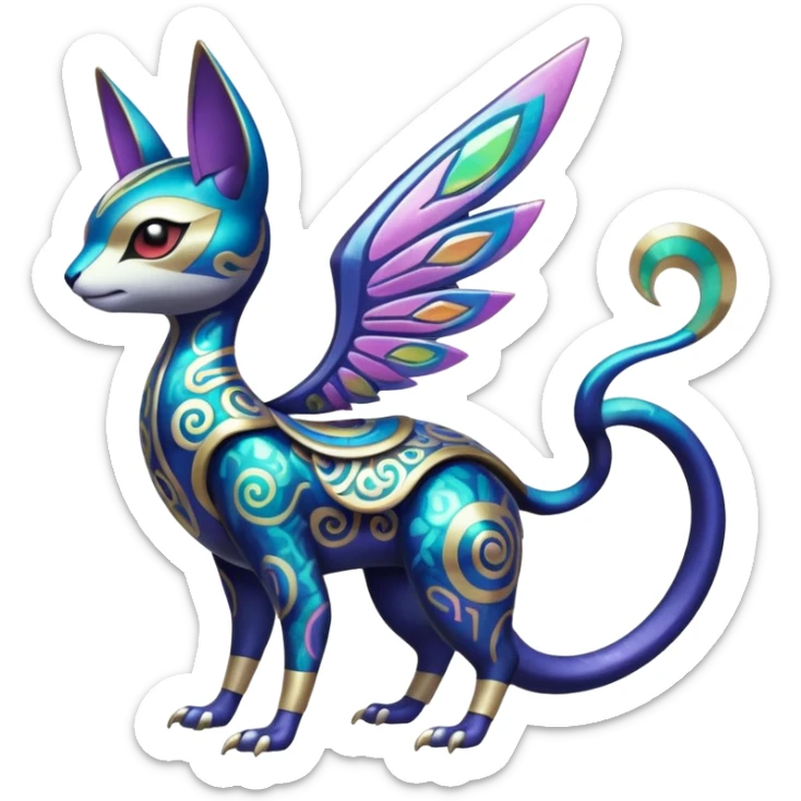 Shiny Colorful Futuristic Ornate Oriental Painted Asian Vernid-Trico-Meloetta-Latias-Koraidon-Peppercat-Protogen-Pokémon-Digimon-Fakémon-fusion-hybrid-creature sticker