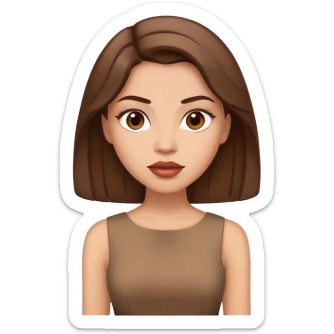 IOS emoji woman, light skin, medium-length brown hair, brown eyes, big lips, in brown dress sticker