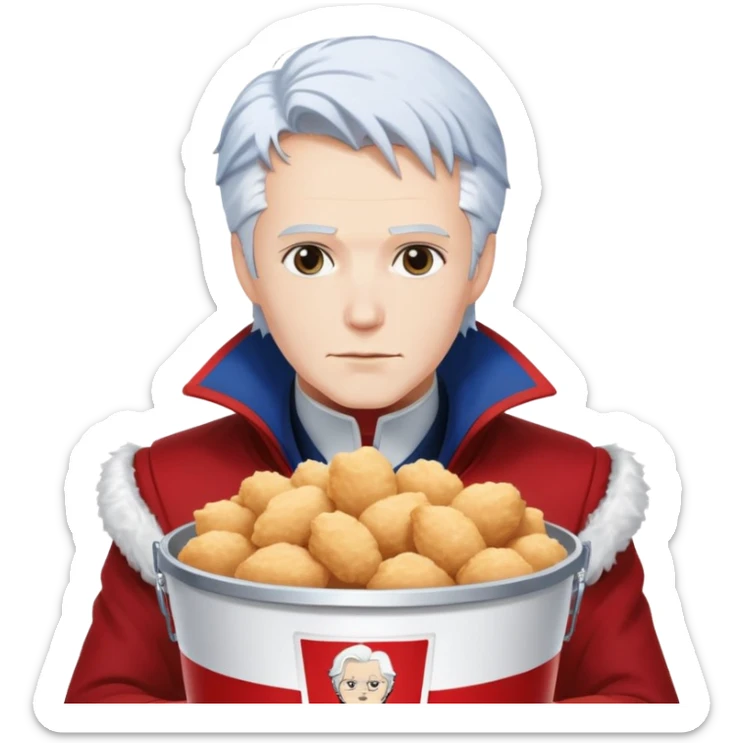 Dante and Vergil from Devil May Cry sitting together in a KFC family bucket, Dante in red coat, Vergil in blue coat, both with white hair sticker